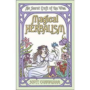 Magical Herbalism book cover by Scott Cunningham featuring mystical nature art.