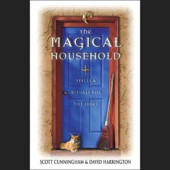 Magical Household book cover by Scott Cunningham & David Harrington featuring a blue door with a broom and a cat.