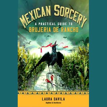 Mexican Sorcery book cover featuring a crow, cornfield, and red ribbon highlights traditional witchcraft practices by Laura Davila.