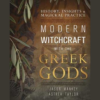 Modern Witchcraft with the Greek Gods book cover featuring olive branches and ancient Greek motifs.