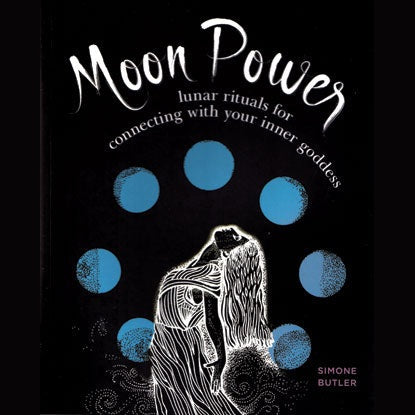 Moon Power book cover by Simone Butler, featuring lunar rituals and moon phases illustration.