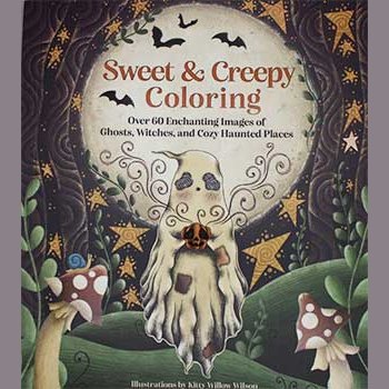 Sweet & Creepy coloring book cover featuring a ghost under a moonlit sky with bats and mushrooms.