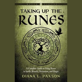 Cover of the book "Taking Up the Runes" by Diana Paxson featuring Norse runes and a tree design in green tones