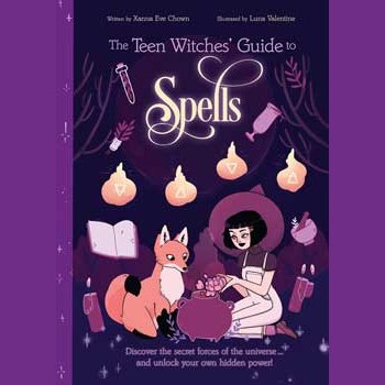 Teen Witches' Guide to Spells book cover featuring a young witch with a fox and magical symbols in purple tones