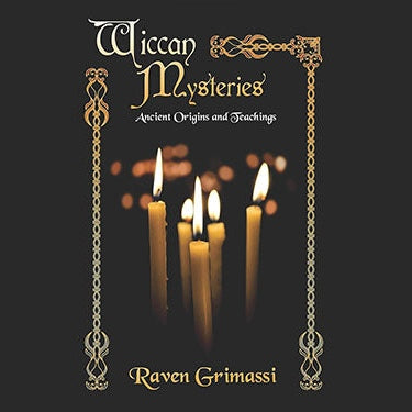 Wiccan Mysteries Ancient Origins & Teachings book cover with candles and ornate border design.