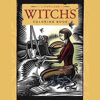 Cover of Llewellyn's Witch's coloring book featuring a woman performing a magical ritual with potions and symbols in an enchanted style