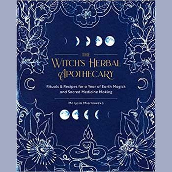 Cover of Witch's Herbal Apothecary book by Marysia Miernoska with floral and moon phase design on dark blue background