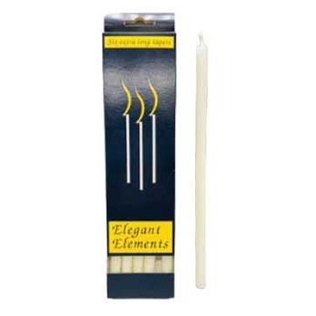 Pack of six 10-inch ivory taper chime candles with long burn time in Elegant Elements packaging