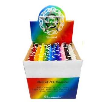 Box of 100 assorted 1/2" diameter, 5" long multi-colored chime candles in a rainbow display box
