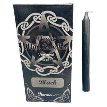 Box of 20 black 5-inch chime candles with pentagram design for protection and rituals
