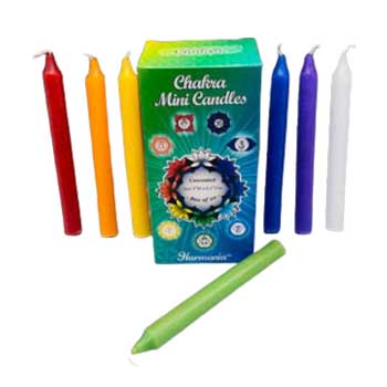 20 pack of 1/2" diameter, 5" long Chakra chime candles in multiple colors with box