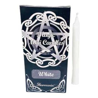 1/2" dia 5" long white chime candle 20 pack in decorative box with a white candle alongside.