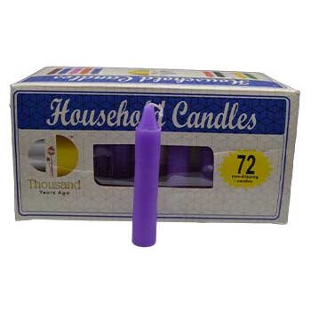 Set of 72 purple 4-inch household candles for spiritual and ritual use in a blue and white box
