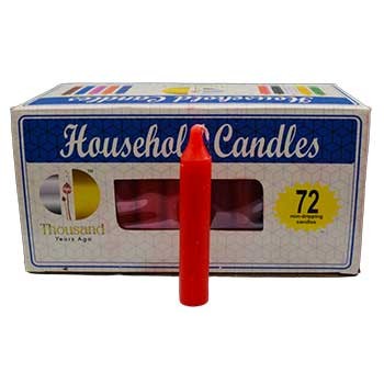 Box of 72 red 4-inch household candles with one candle standing in front