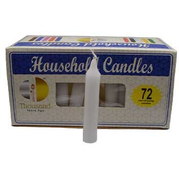 Set of 72 white 4-inch household candles in a blue and white box for spiritual and ritual use