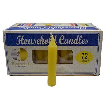 Set of 72 yellow 4-inch household candles in a blue and white box with one candle displayed outside the box
