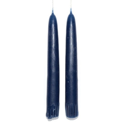 Pair of 7-inch navy blue taper candles joined at the wick, made in USA, used for rituals and energy work.