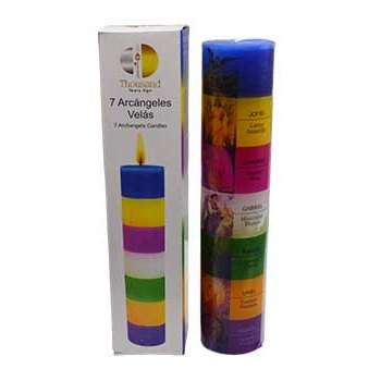 6 3/4" 7 Archanglkes pillar candle with colorful sections representing each archangel for daily spiritual practice