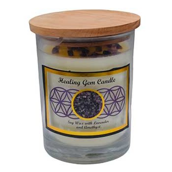 Healing gem stone soy candle with lavender scent and amethyst chips in a glass jar with wooden lid