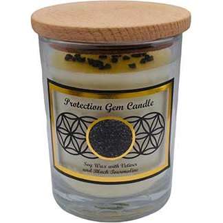 Protection gem stone soy candle with black tourmaline chips, vetiver scent, in glass jar with wooden lid