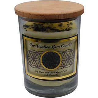 Purification gem stone soy candle with Shungite, pink grapefruit scent, in glass jar.