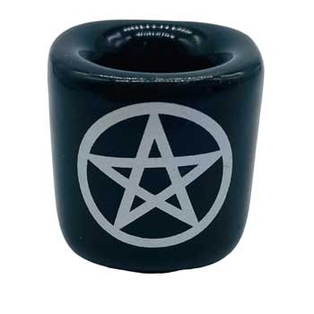 Glossy black ceramic holder with a white pentagram symbol for 1/2" chime candles