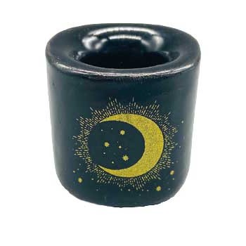 Moon & Star black ceramic holder with glossy finish featuring golden crescent moon and stars design for 1/2" chime candles.