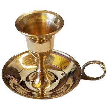 Brass chamberstick taper candle holder with handle and shiny solid finish for C6 or C7 candles