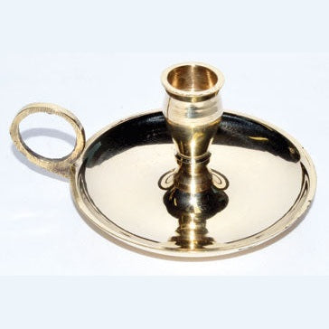 Brass mini candle holder with finger ring attachment and plate, 2.5 inches tall.