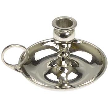 Nickel mini candle holder with a plate and finger ring attachment.