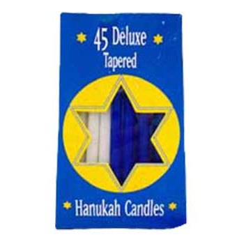 Assorted Hanukah candle 45pk with blue and white candles in Star of David packaging.