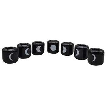 Set of 7 black ceramic candle holders featuring moon phases from new to full moon.