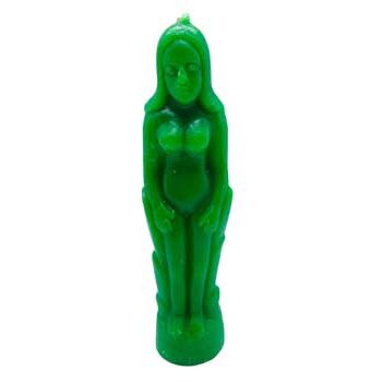 Green female candle representing a naked woman, symbolizing hope and prosperity, 7 inches tall from India.