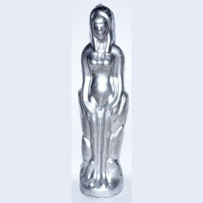 Silver female figure candle, 7 inches tall, symbolizes wealth and sophistication.
