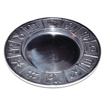 4 3/4 inch silver-toned zodiac pillar holder and smudge plate with etched floral pattern and zodiac symbols around the edge