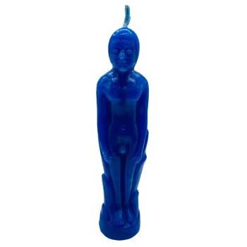 Blue male candle molded as a naked man, symbolizing freedom, intuition, and stability.