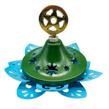 3 1/2" Pentagra tealight stand, blue flower design, brass and iron, with pentagram lid
