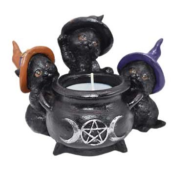 Black cauldron tealight holder with three witchy cats wearing different colored hats