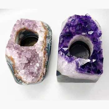 Pair of 4-7 inch amethyst tealight holders with natural crystal formations and varying purple hues.