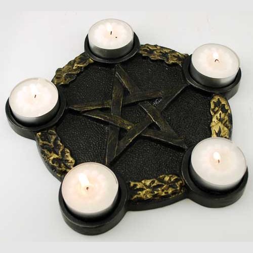 Pentagram Candle Holder altar plate with five tea light holders on a decorative design.