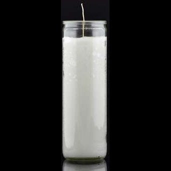 White 7-day jar candle for rituals and meditation, 8" tall.