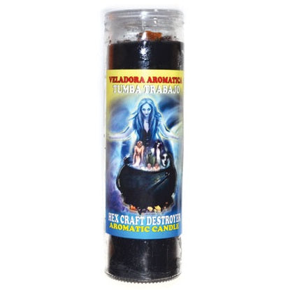 Hex Craft Destroyer aromatic jar candle black with mystical protection label and image of woman with cauldron.