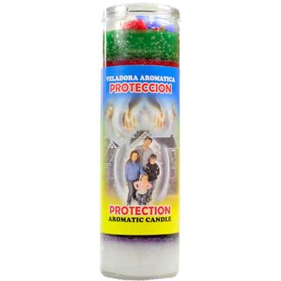 Protection aromatic jar candle with seven colors and embedded tokens for prayer and protection rituals.