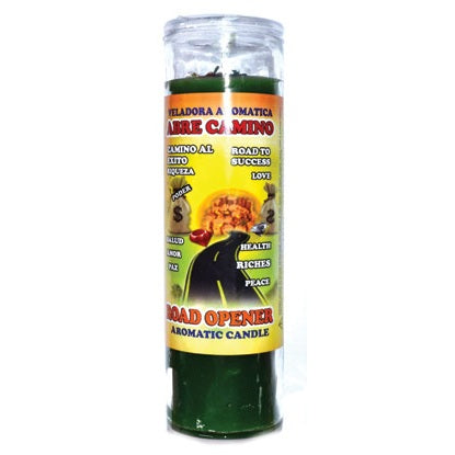 Road Opener (Abre Camino) aromatic jar candle with green wax and spiritual success symbols for rituals and energy work