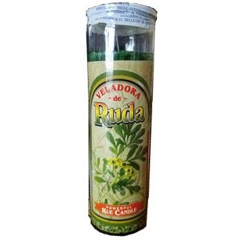 Rue green aromatic jar candle in a clear 8 1/4" x 2 1/2" jar with single wick, burns for 5-7 days.