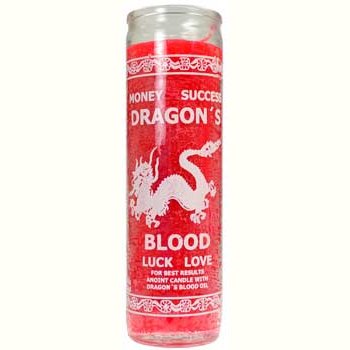 Red Dragon's Blood 7 Day jar candle in clear glass with white dragon design and spiritual intention symbols