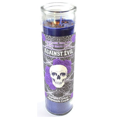 Against Evil aromatic jar candle with purple wax, snake root herbs, and skull label for spiritual protection and negativity warding