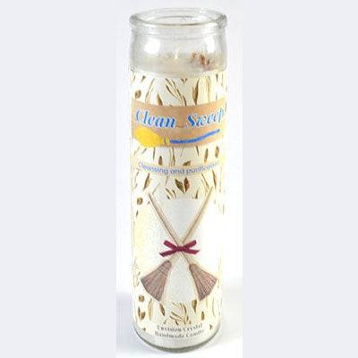Clean Sweep aromatic jar candle with witch's broom straws, handcrafted for freshness and magic.