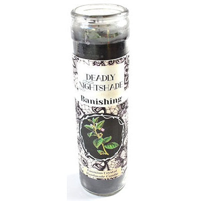 Deadly Nightshade aromatic jar candle with powerful herb topping for banishing negative energies.