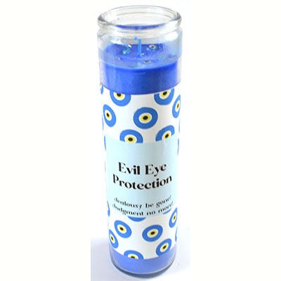 Evil Eye Protection aromatic jar candle with crystals and charms for warding off negativity.